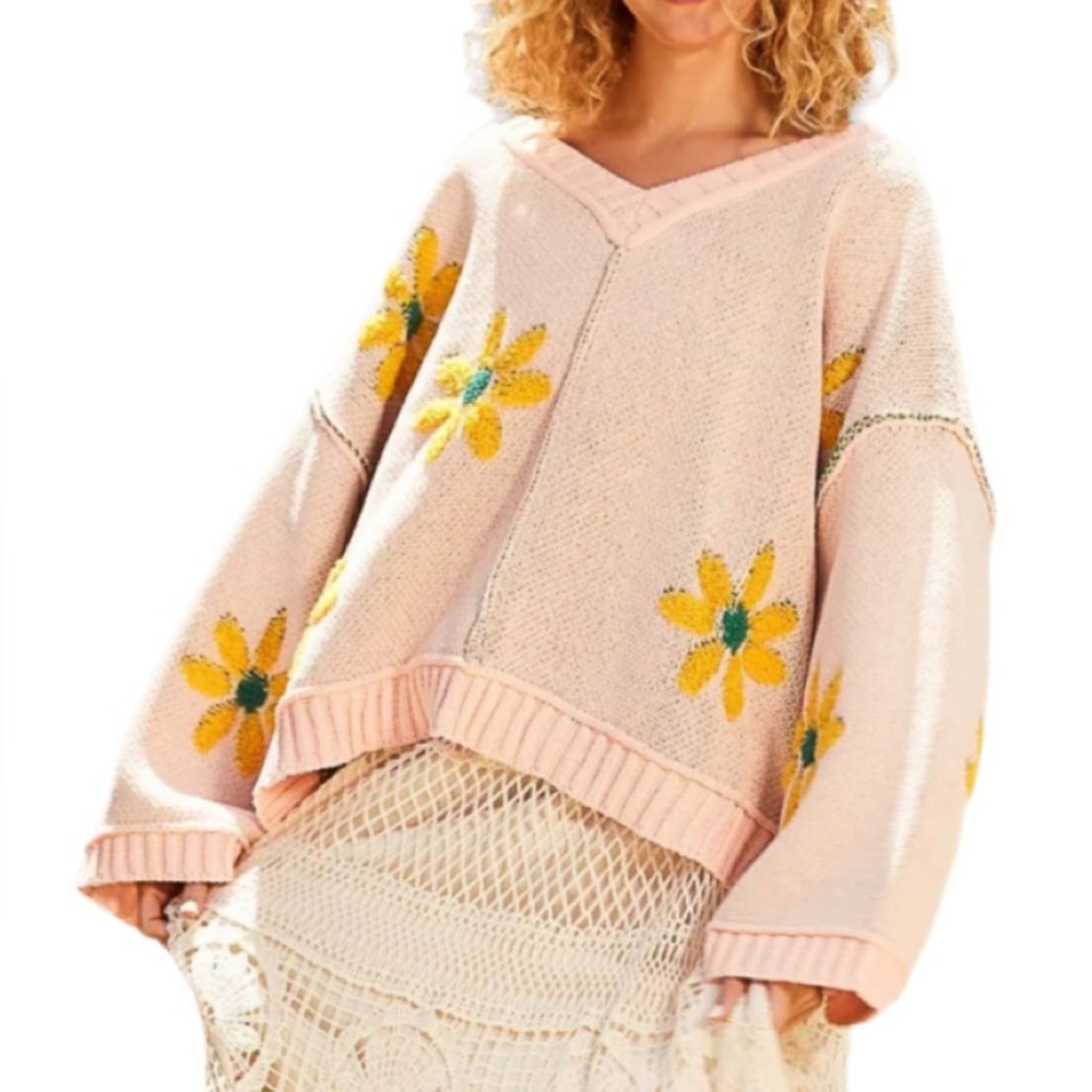 POL V-NECK FLORAL PATTERN CHENILLE SWEATER IN PINK MOJITO- NWT SIZE MEDIUM - Picture 2 of 5